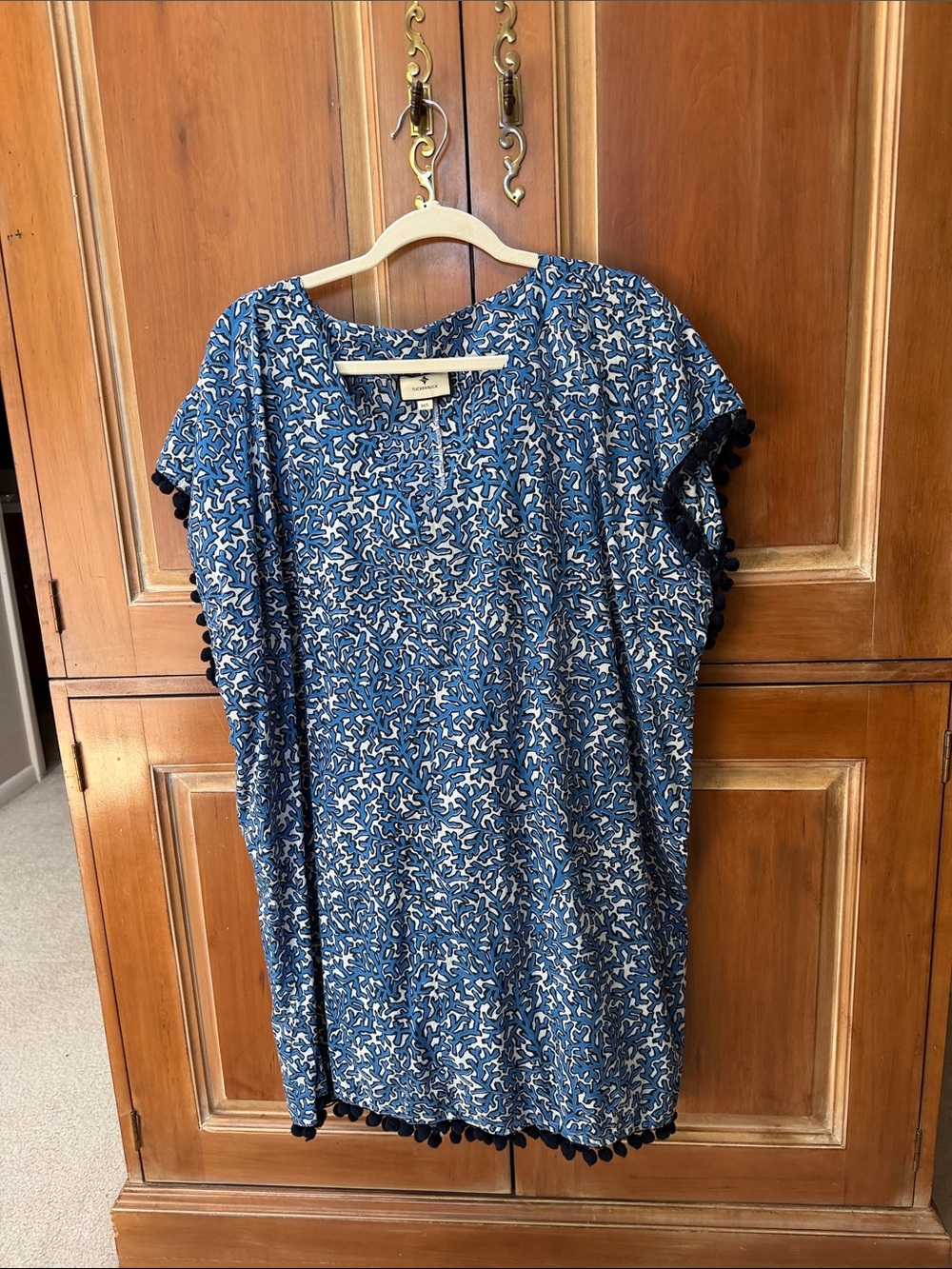 Tuckernuck Blue Printed Pom-Pom Trim Tunic Top